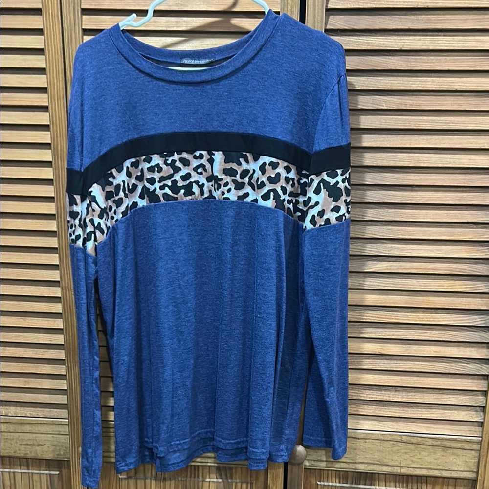 Blue Leopard Print Long Sleeve Top